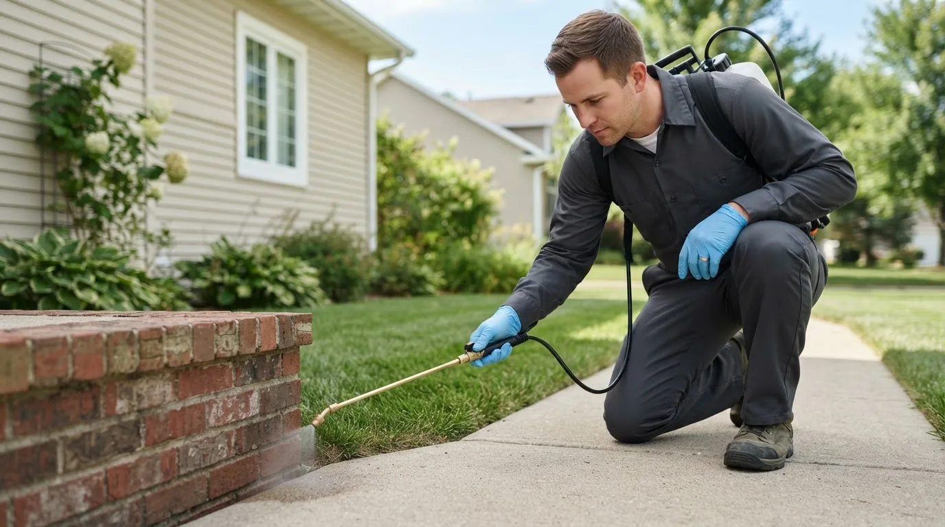 Pest control technician treating a home near Aibonito, PR